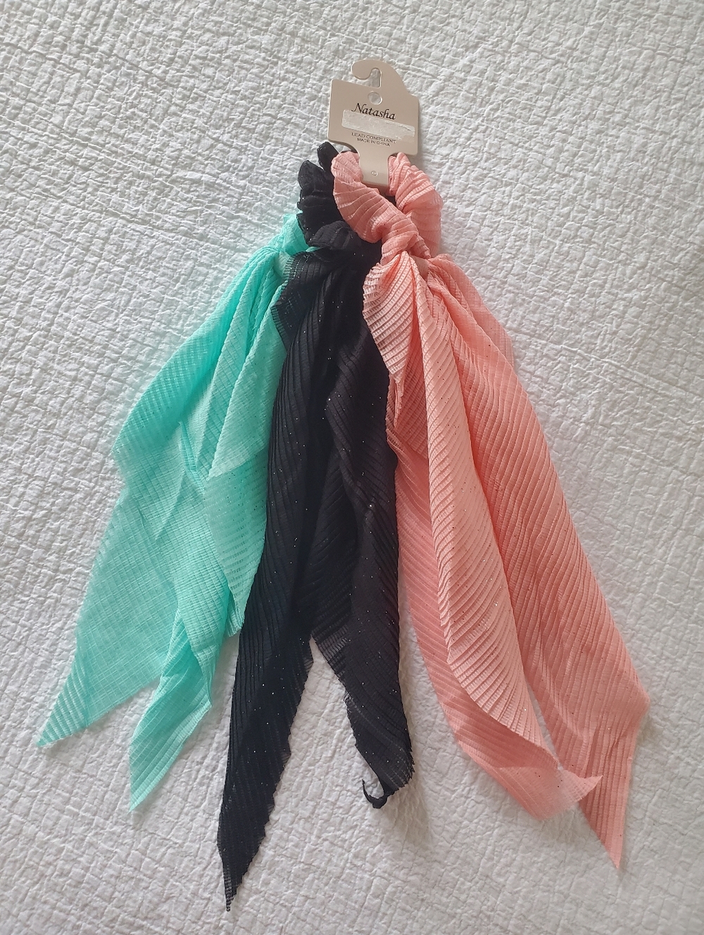 Natasha Couture Pleated Scarf Scrunchie Trio - Mint, Black & Peach